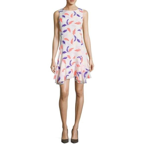 NWOT CeCe Delaney Sleeveless Flounce Hem Feather Print Dress Women's Size 6 - Picture 1 of 12